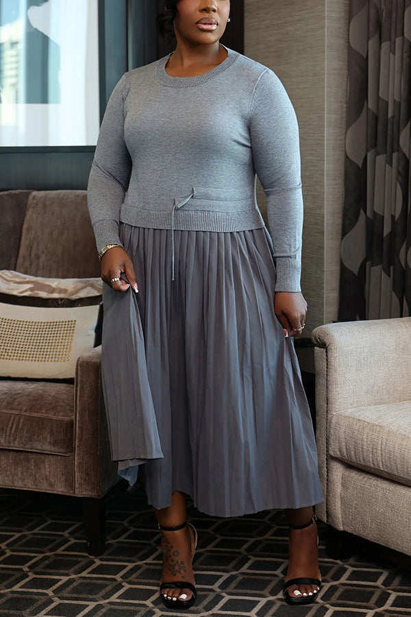 Stylish Knitted Patchwork Pleated Midi Dress