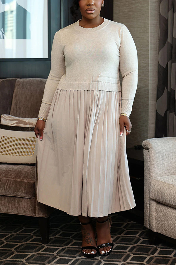 Stylish Knitted Patchwork Pleated Midi Dress