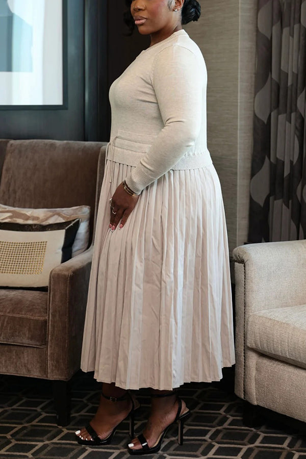 Stylish Knitted Patchwork Pleated Midi Dress