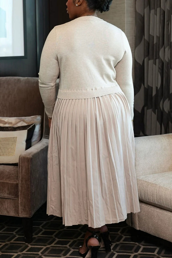 Stylish Knitted Patchwork Pleated Midi Dress