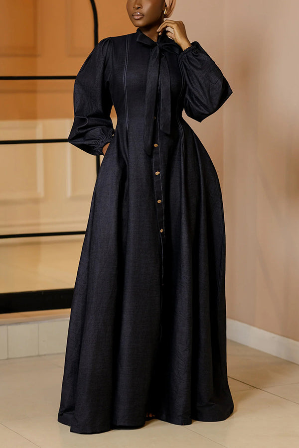 Stylish Tie Bow Denim Maxi Dress