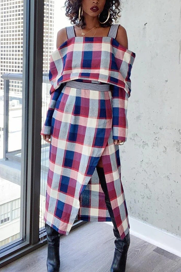 Stylish Plaid Off-Shoulder Top & Slit Skirt