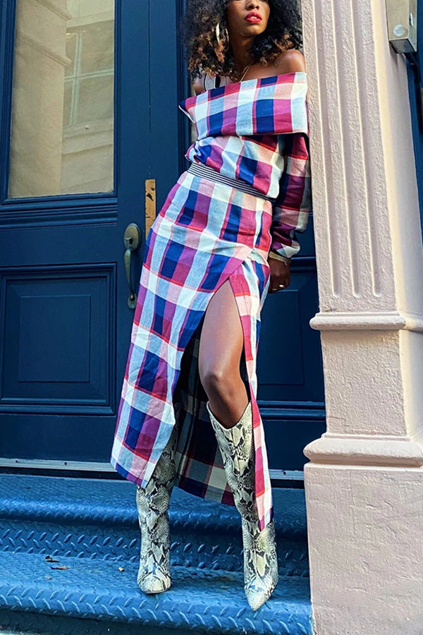 Stylish Plaid Off-Shoulder Top & Slit Skirt