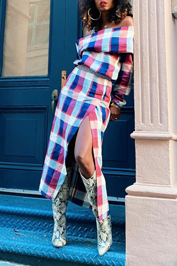 Stylish Plaid Off-Shoulder Top & Slit Skirt