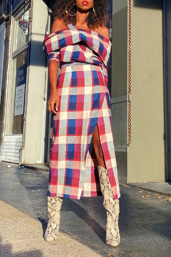 Stylish Plaid Off-Shoulder Top & Slit Skirt