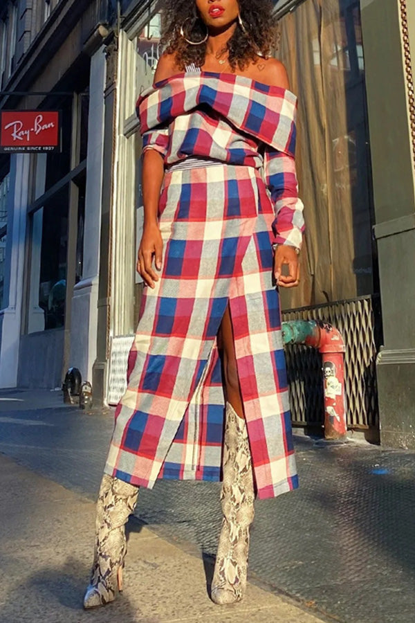 Stylish Plaid Off-Shoulder Top & Slit Skirt