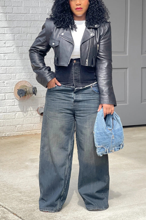 Stylish Colorblock Frayed High-Waist Jeans