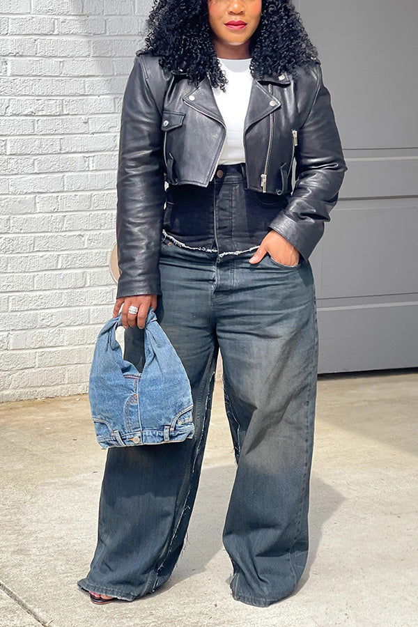 Stylish Colorblock Frayed High-Waist Jeans
