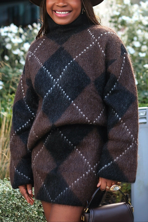 Casual Colorblock Plaid Sweater Set
