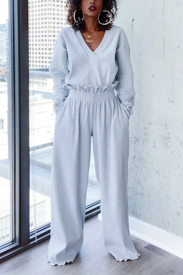 Casual Ruffle Smocked Ribbed-Knit Suit
