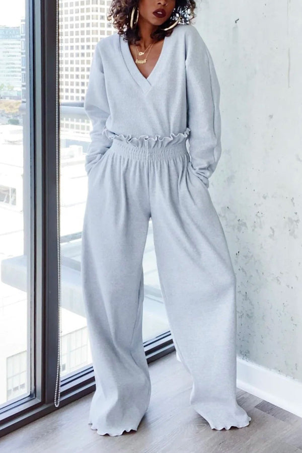 Casual Ruffle Smocked Ribbed-Knit Suit