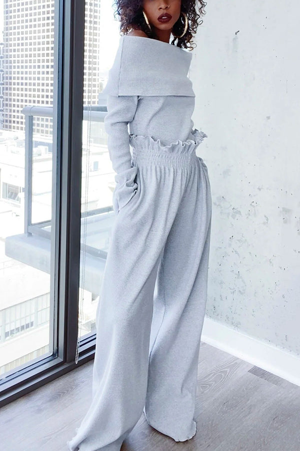 Casual Ruffle Smocked Ribbed-Knit Suit