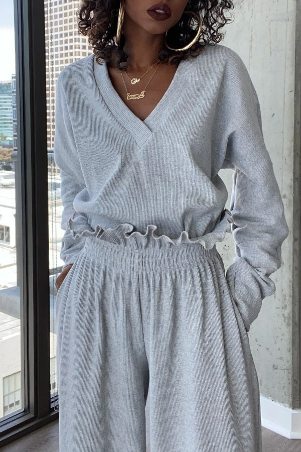 Casual Ruffle Smocked Ribbed-Knit Suit