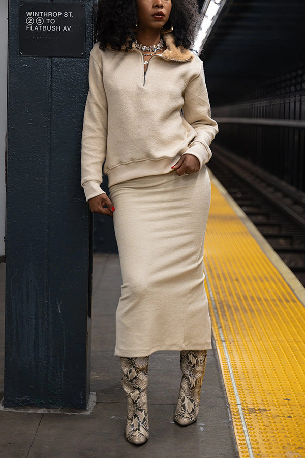 Stylish Fur Collar Pullover & Textured Skirt