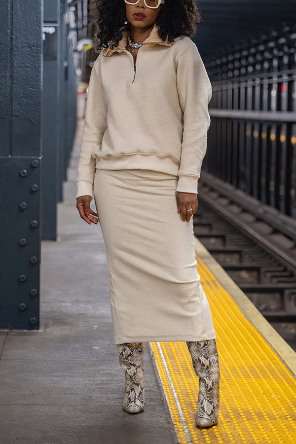 Stylish Fur Collar Pullover & Textured Skirt