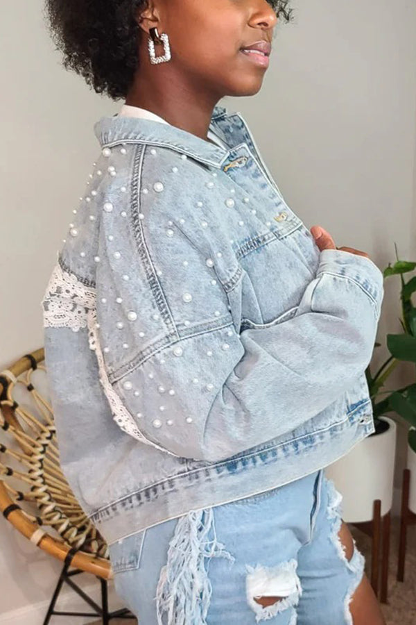 Retro Pearl Lace Embellished Denim Jacket