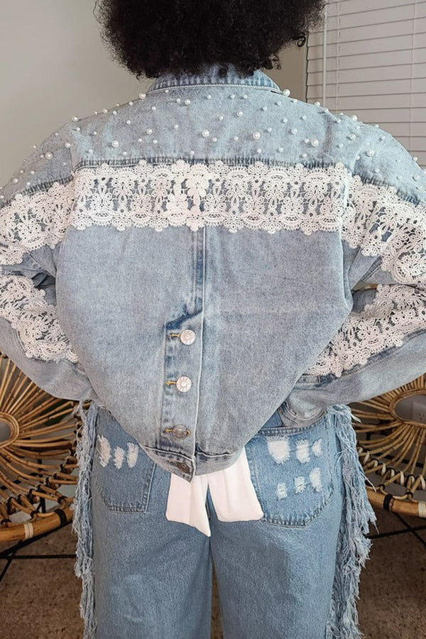 Retro Pearl Lace Embellished Denim Jacket