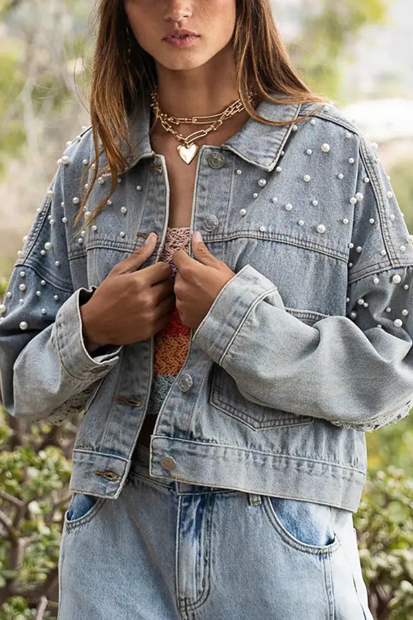 Retro Pearl Lace Embellished Denim Jacket