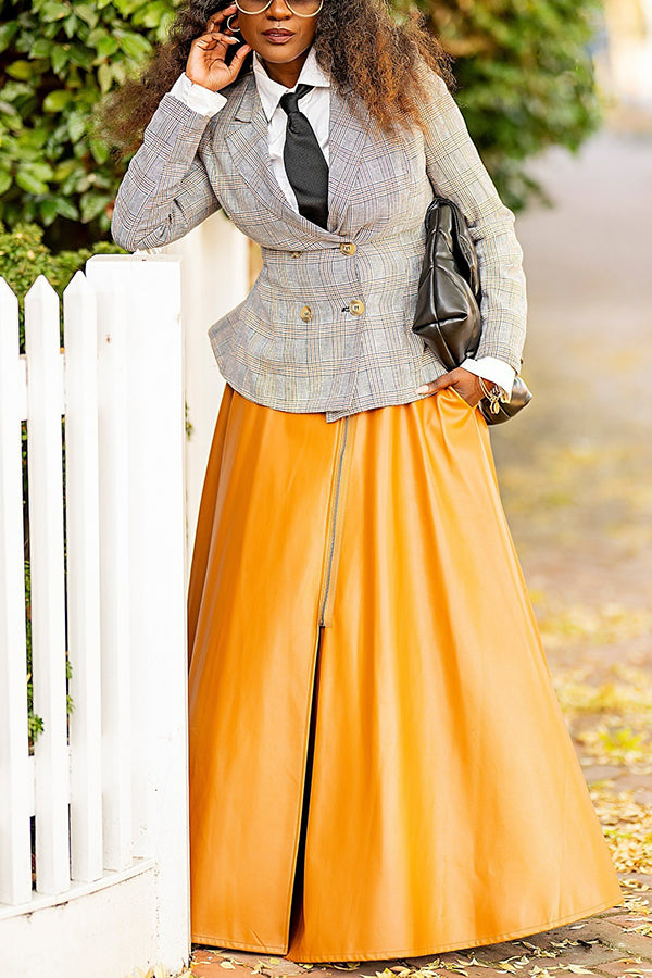 Stylish Plaid Blazer & Zippered Leather Skirt