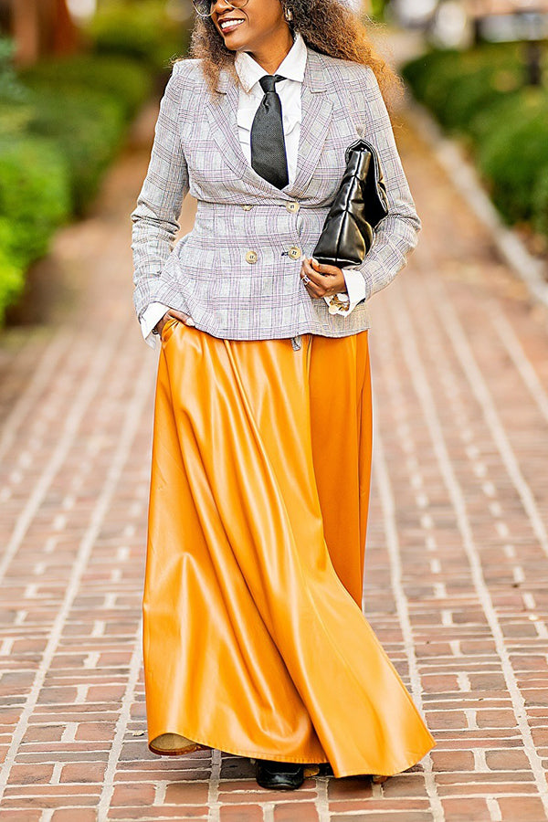 Stylish Plaid Blazer & Zippered Leather Skirt