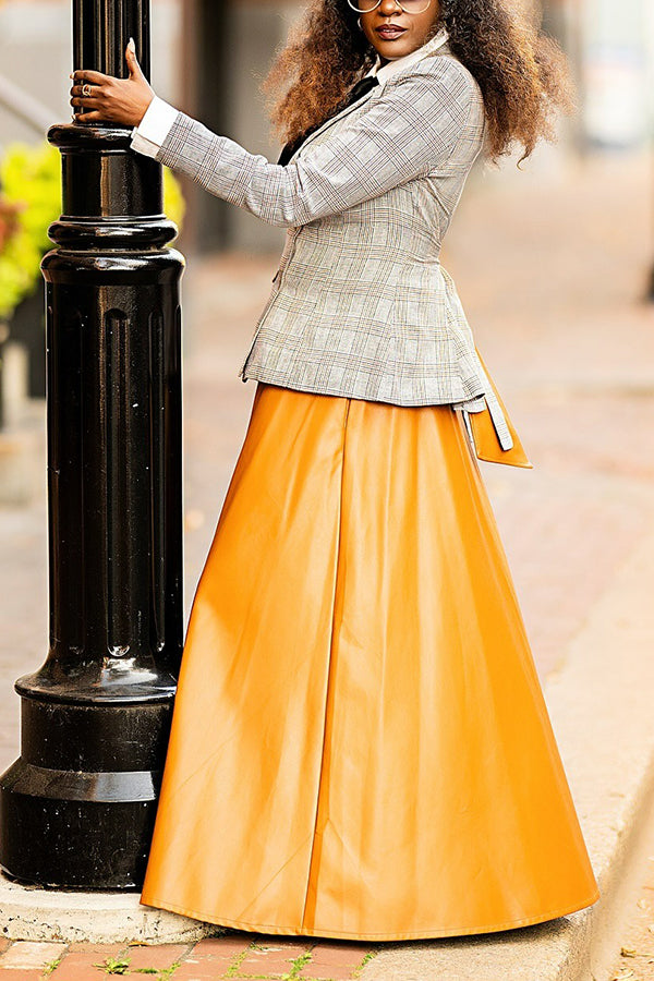 Stylish Plaid Blazer & Zippered Leather Skirt