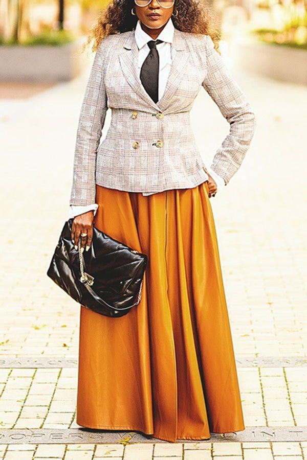 Stylish Plaid Blazer & Zippered Leather Skirt