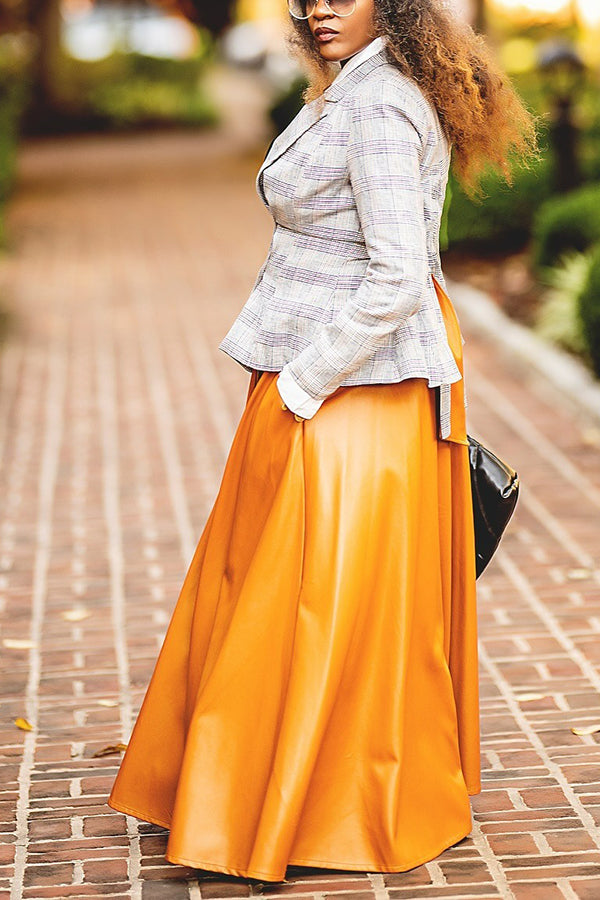 Stylish Plaid Blazer & Zippered Leather Skirt