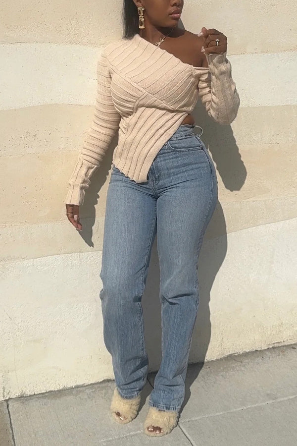 Fashion Asymmetrical Off-Shoulder Knitted Sweater