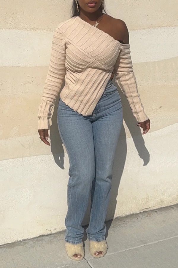 Fashion Asymmetrical Off-Shoulder Knitted Sweater