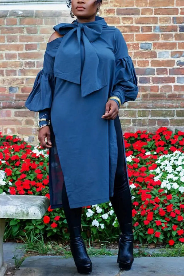 Stylish Scarf Neckline Lantern Sleeve Tunic
