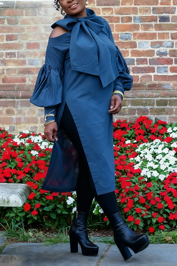 Stylish Scarf Neckline Lantern Sleeve Tunic