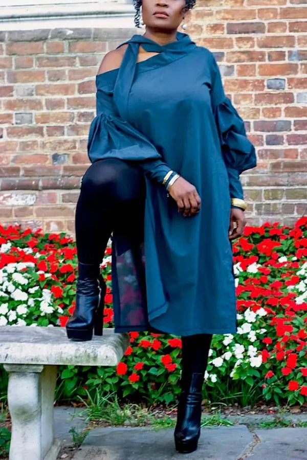 Stylish Scarf Neckline Lantern Sleeve Tunic