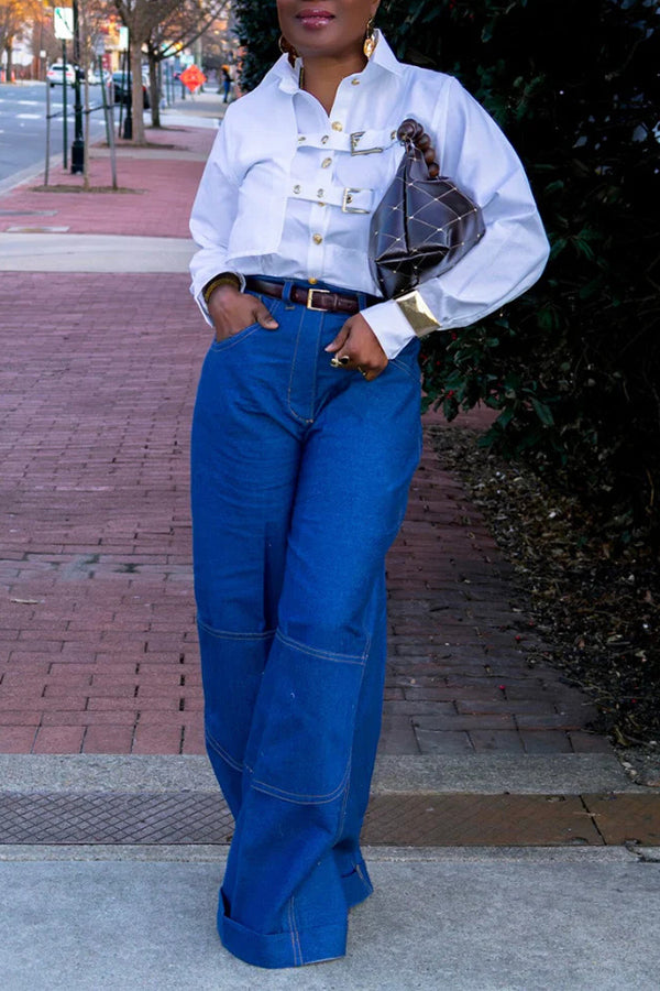 Stylish Wide Leg Cuffed Jeans
