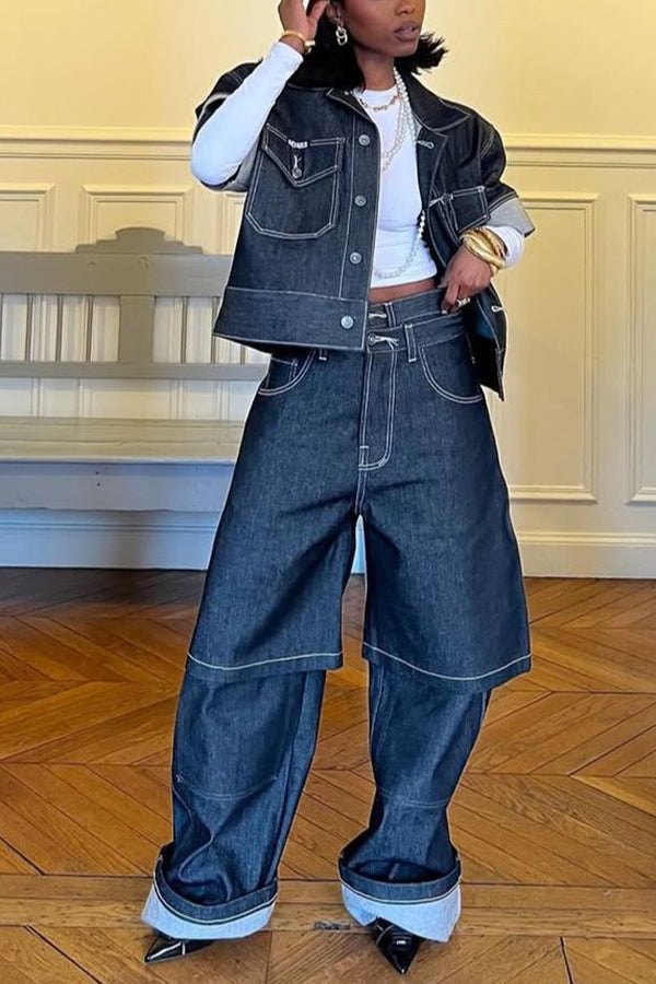 Stylish Mock Layering Wide-Leg Jeans