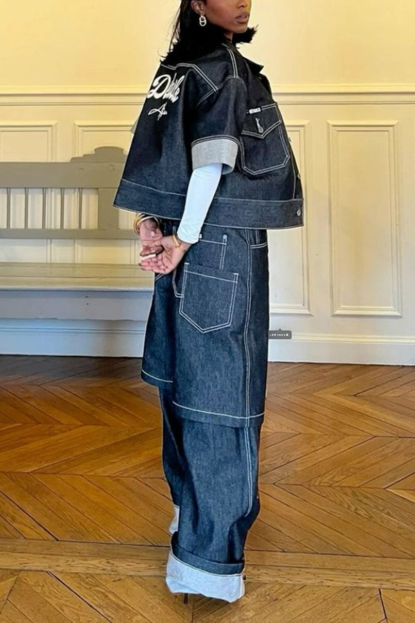 Stylish Mock Layering Wide-Leg Jeans