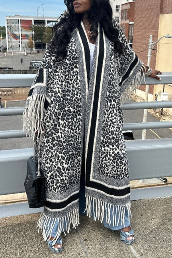 Fashionable Leopard Print Tassel Kimono Coat