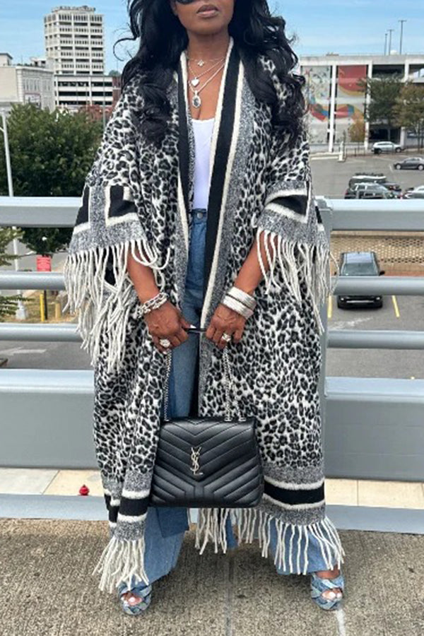 Fashionable Leopard Print Tassel Kimono Coat
