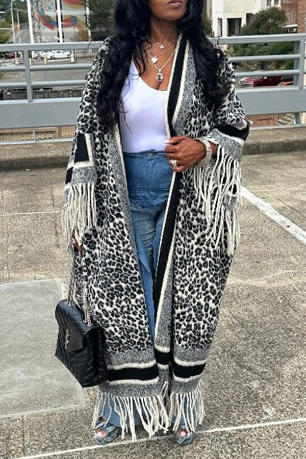 Fashionable Leopard Print Tassel Kimono Coat