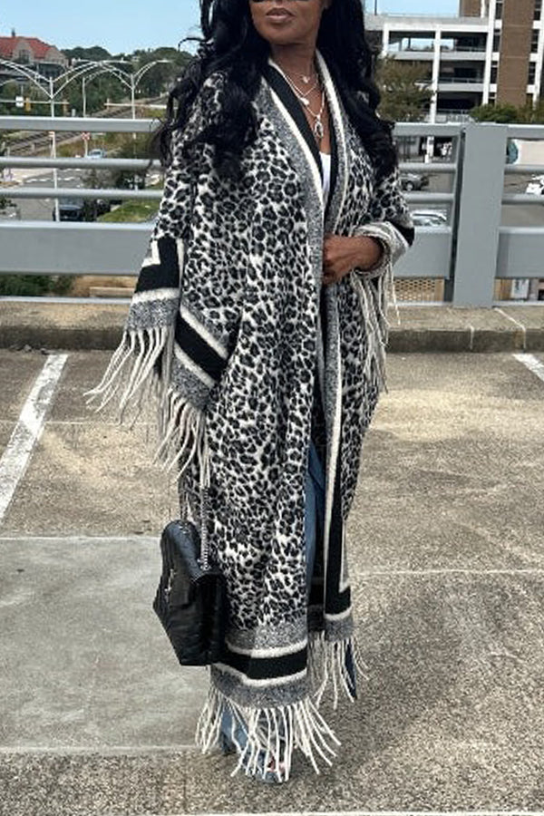 Fashionable Leopard Print Tassel Kimono Coat