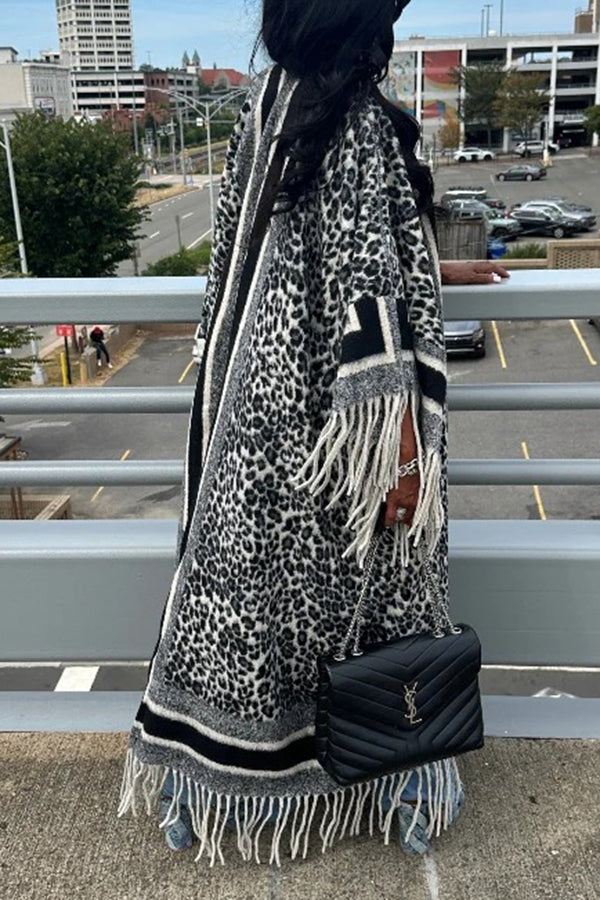 Fashionable Leopard Print Tassel Kimono Coat