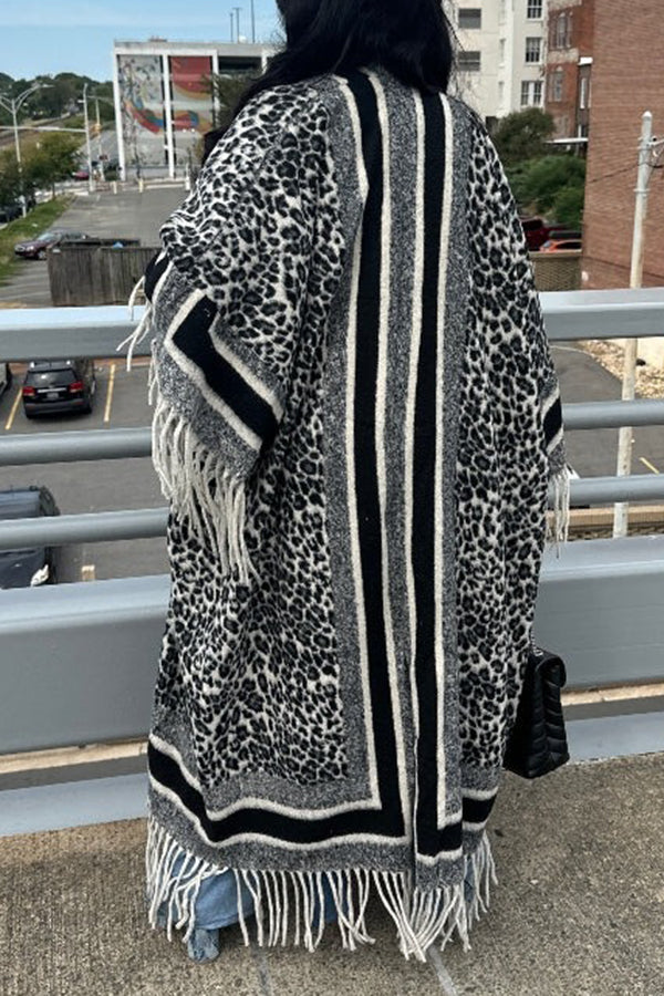Fashionable Leopard Print Tassel Kimono Coat