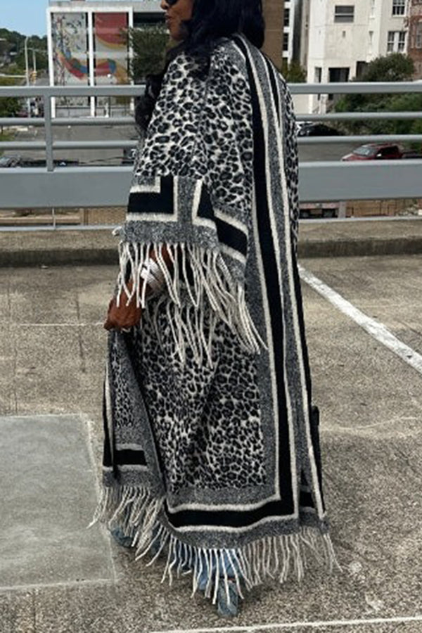 Fashionable Leopard Print Tassel Kimono Coat