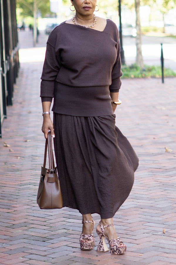 Stylish Irregular Sweater & Linen Skirt