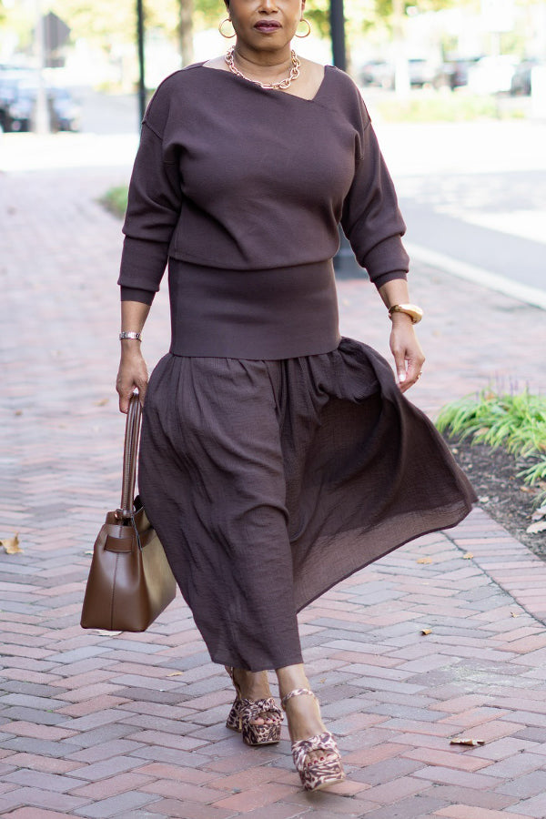 Stylish Irregular Sweater & Linen Skirt