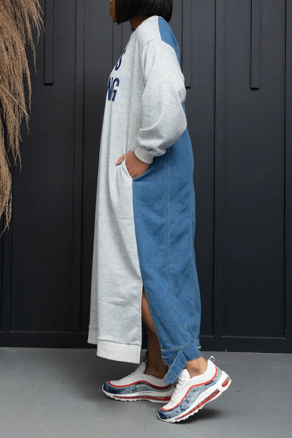 Casual Denim Patchwork Sweatshirt Dress