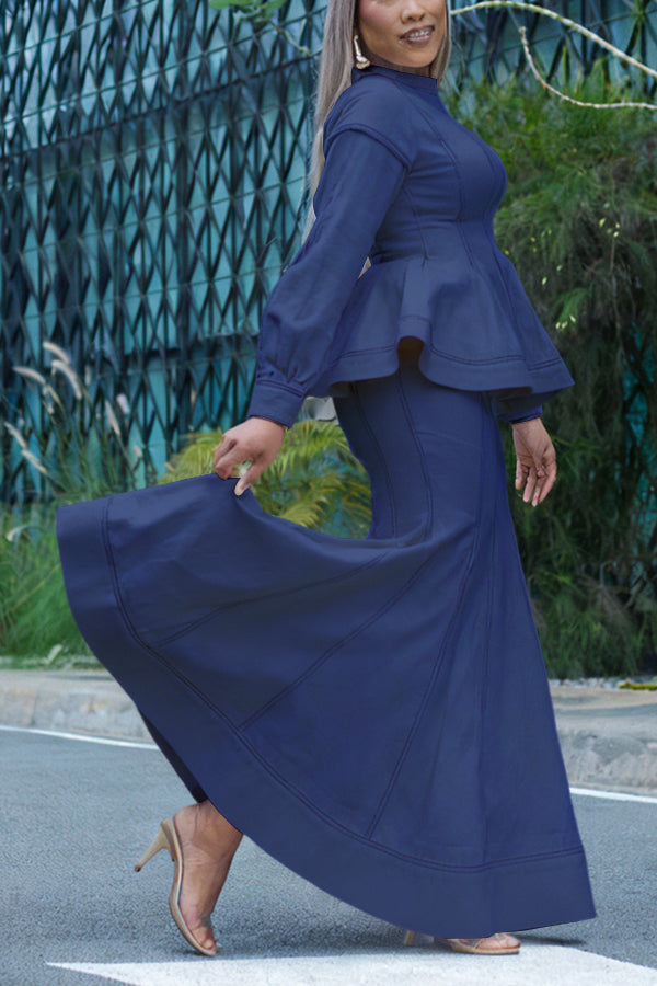 Stylish Ruffled Denim Skirt Suit