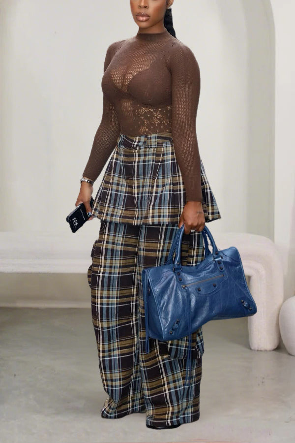 Casual Plaid Ruffled Wide-Leg Trousers