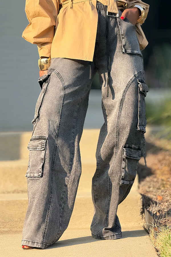 Fashion Drawstring Wide-Leg Cargo Jeans