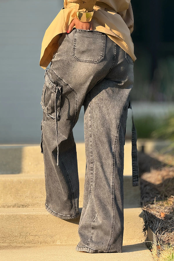 Fashion Drawstring Wide-Leg Cargo Jeans