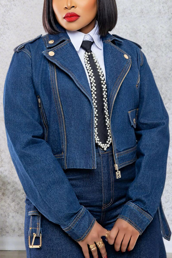 Fashion Lapel Zippered Cropped Denim Jacket